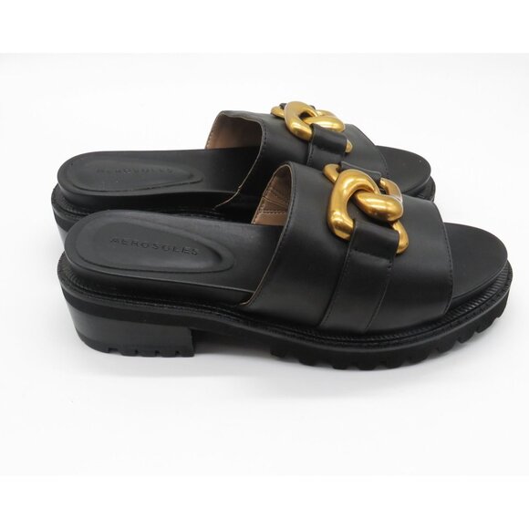 Aerosoles Lima Leather Slide Sandals With Gold Chain Detail Black Size 8M NEW - Picture 1 of 7